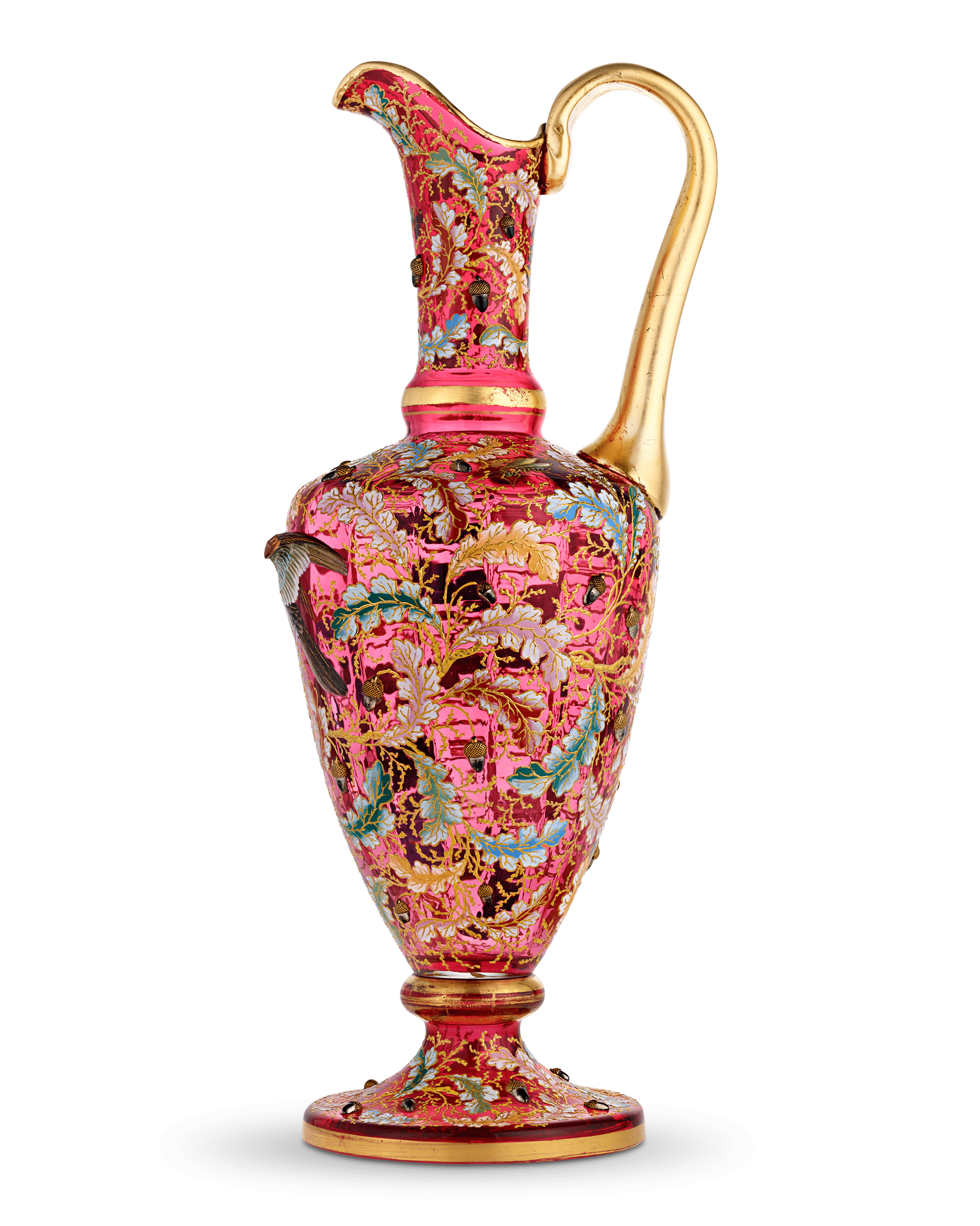 Moser Ruby Glass and Enamel Bird Ewer