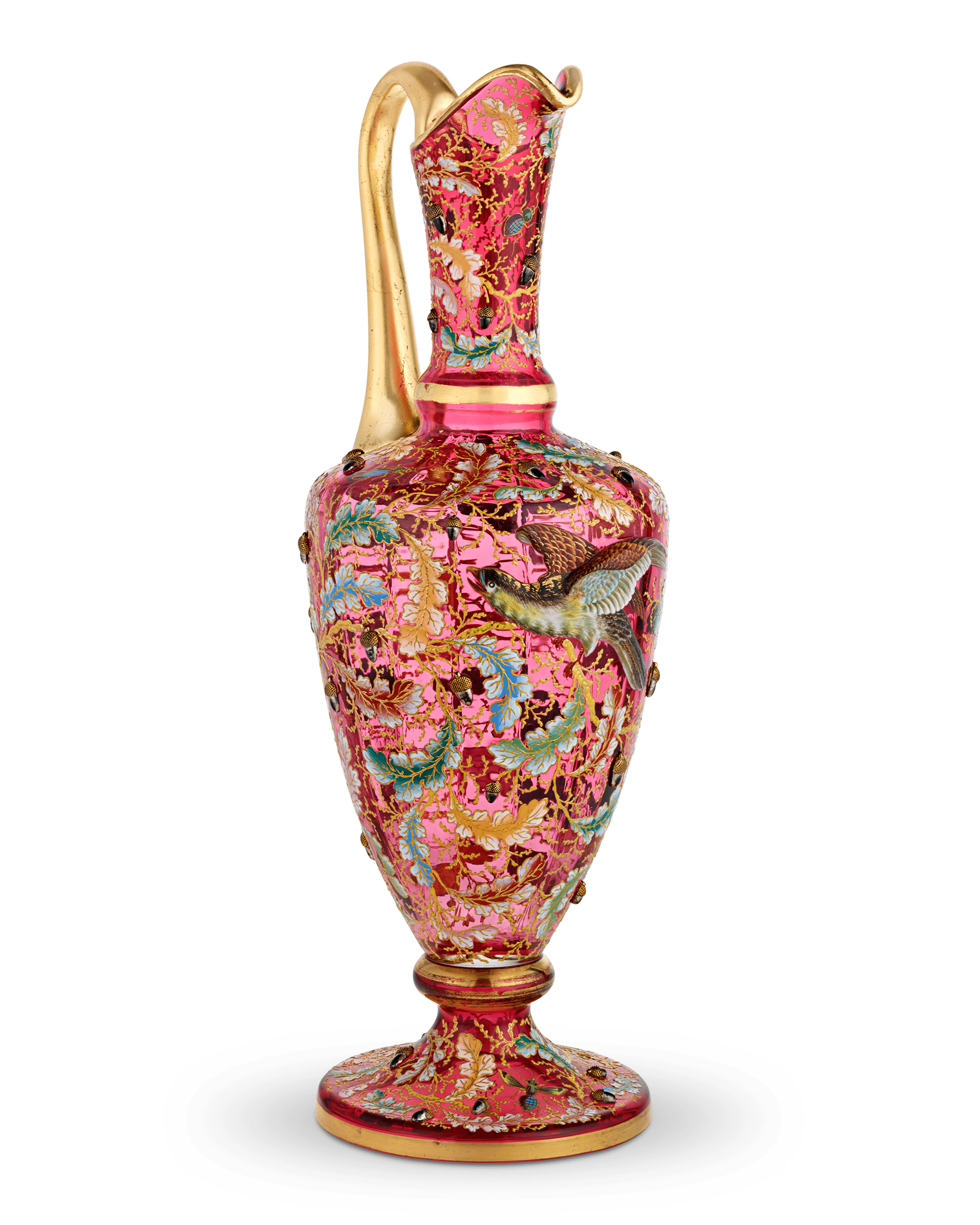 Moser Ruby Glass and Enamel Bird Ewer