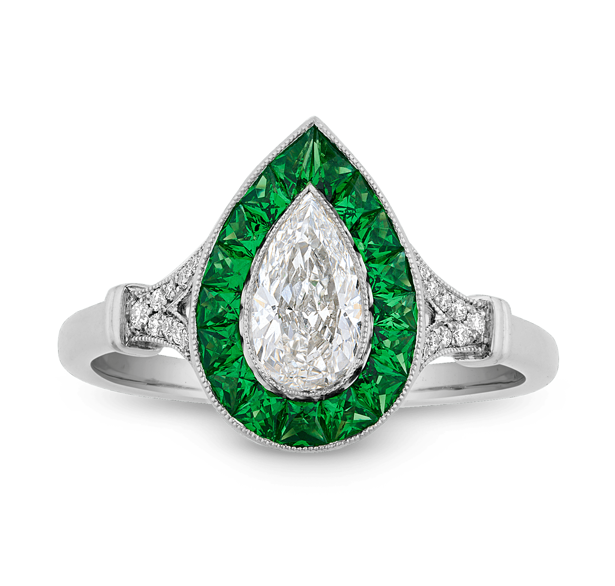 Pear Shaped Diamond and Tsavorite Garnet Ring