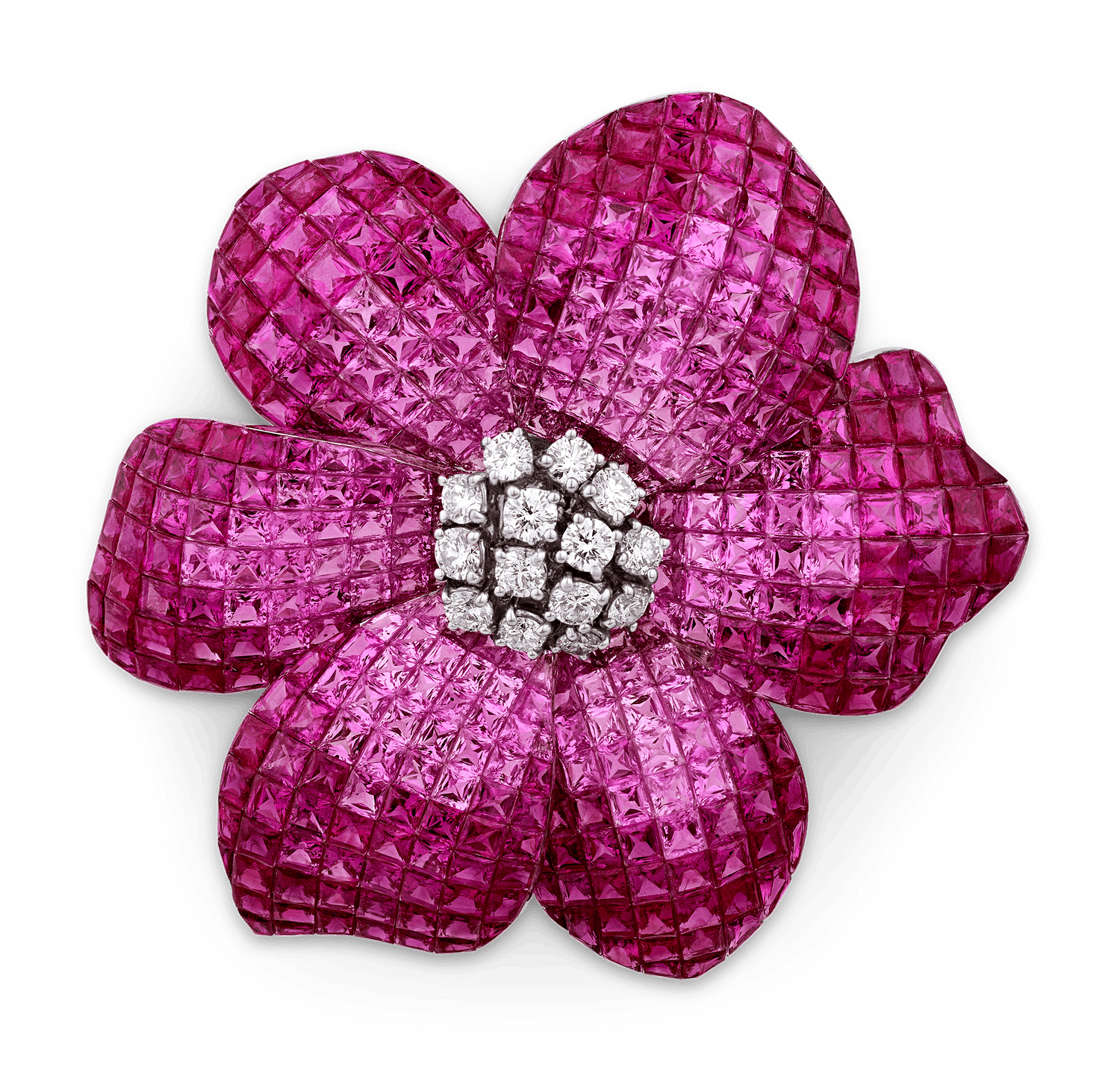 Pink Sapphire and Ruby Flower Brooch, 76.88 Carats