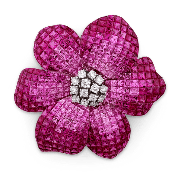 Pink Sapphire and Ruby Flower Brooch, 76.88 Carats