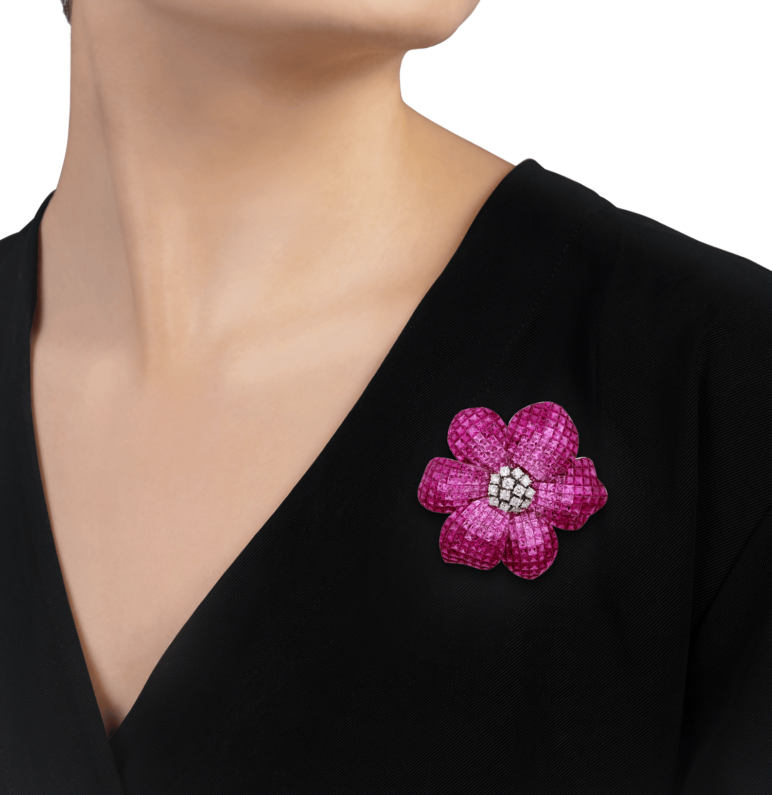 Pink Sapphire and Ruby Flower Brooch, 76.88 Carats