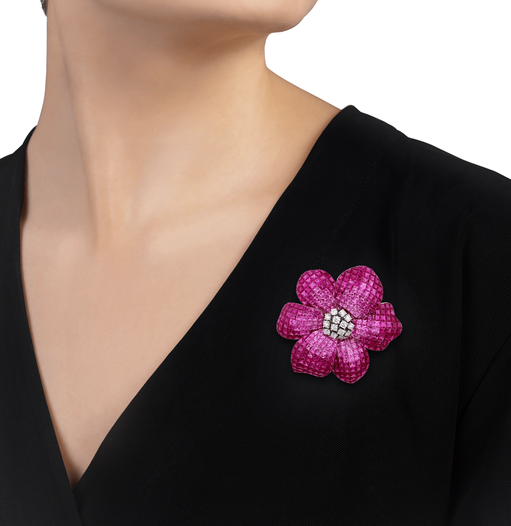 Pink Sapphire and Ruby Flower Brooch, 76.88 Carats
