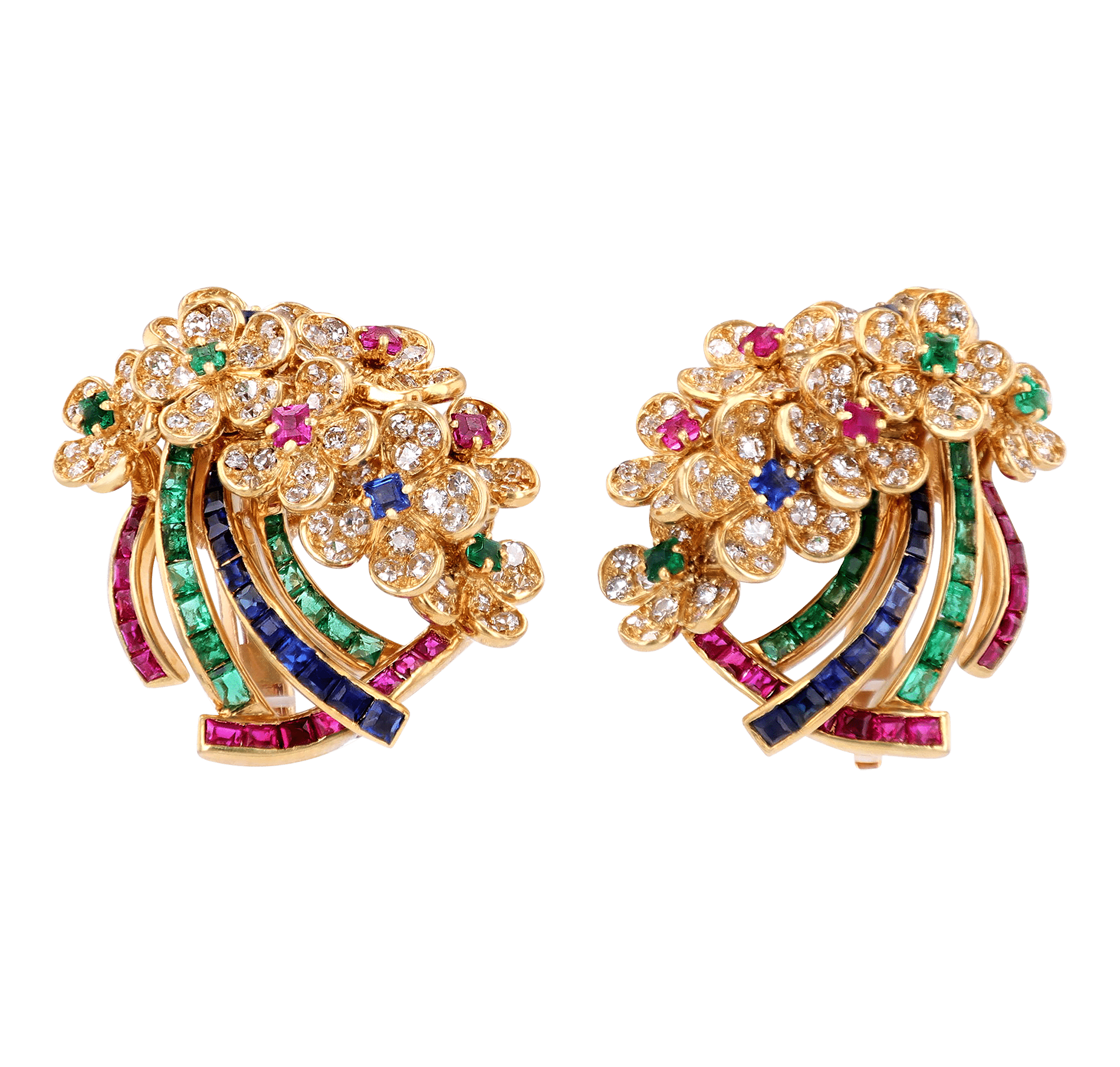 Cartier Mounture Emerald, Ruby, Sapphire and Diamond Floral Earrings