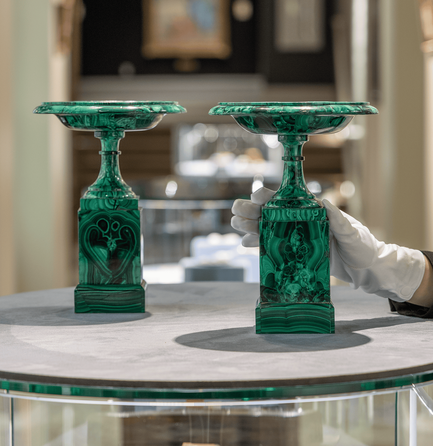 Pair of Russian Malachite Tazze by the Imperial Lapidary Works