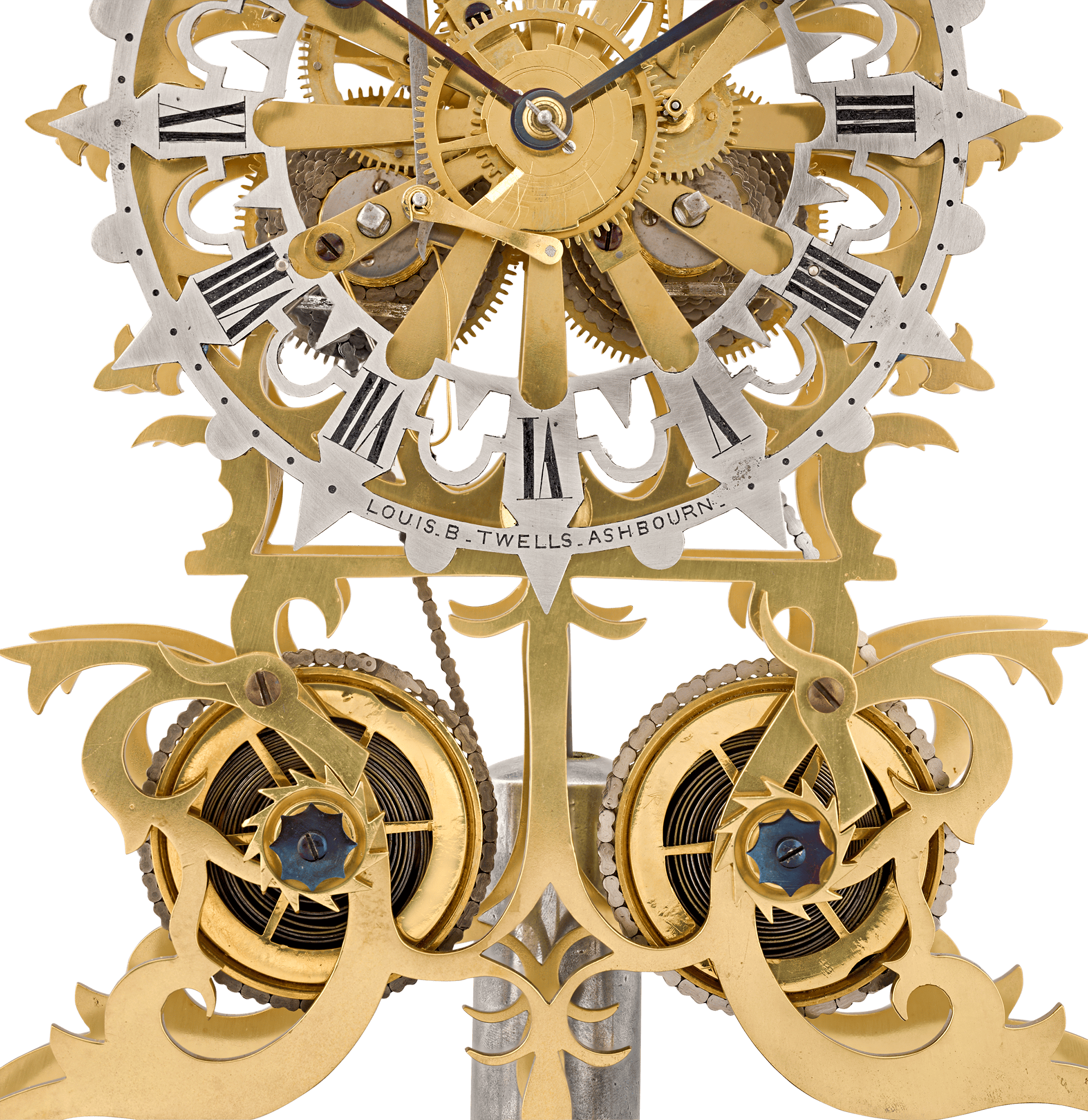 English Rose Window Skeleton Clock by Evans of Handsworth