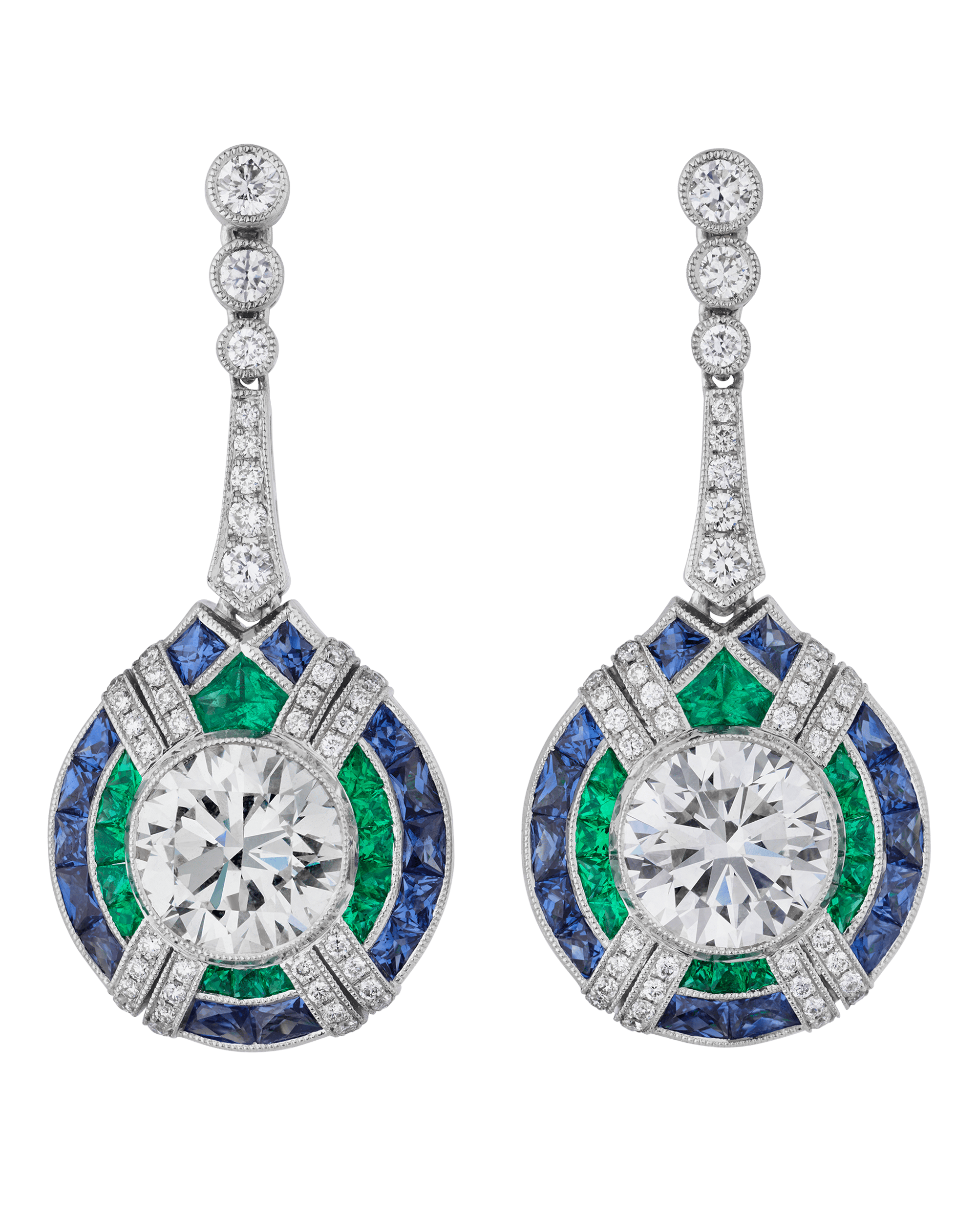 Art Deco-Style Diamond, Sapphire and Emerald Earrings