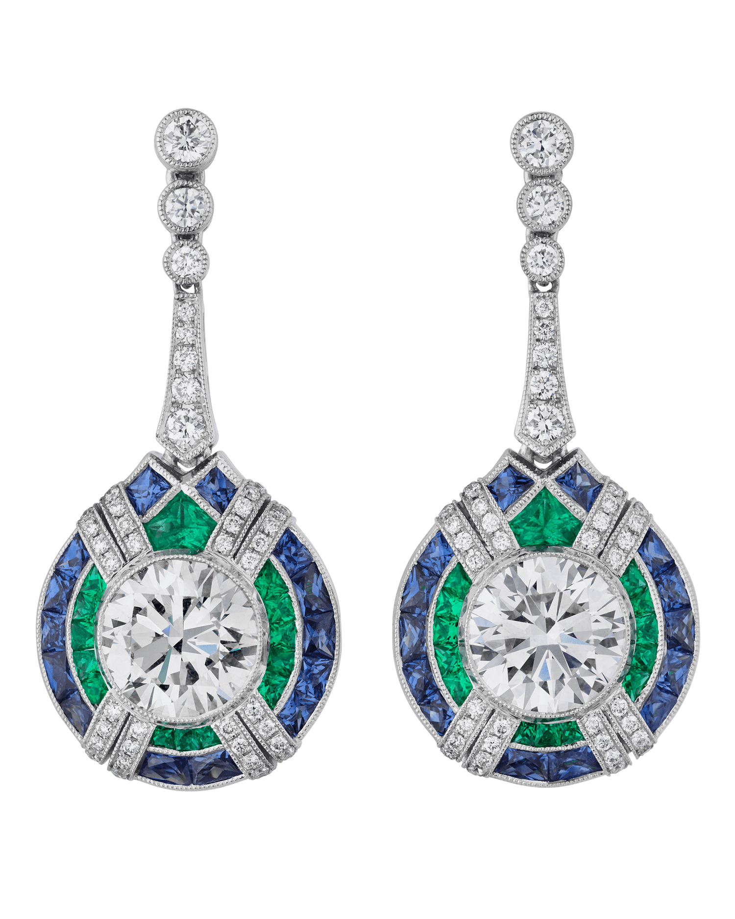 Art Deco-Style Diamond, Sapphire and Emerald Earrings