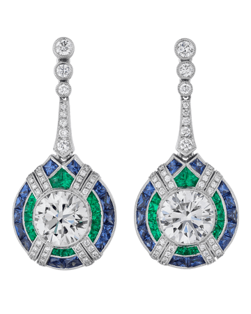 Art Deco-Style Diamond, Sapphire and Emerald Earrings
