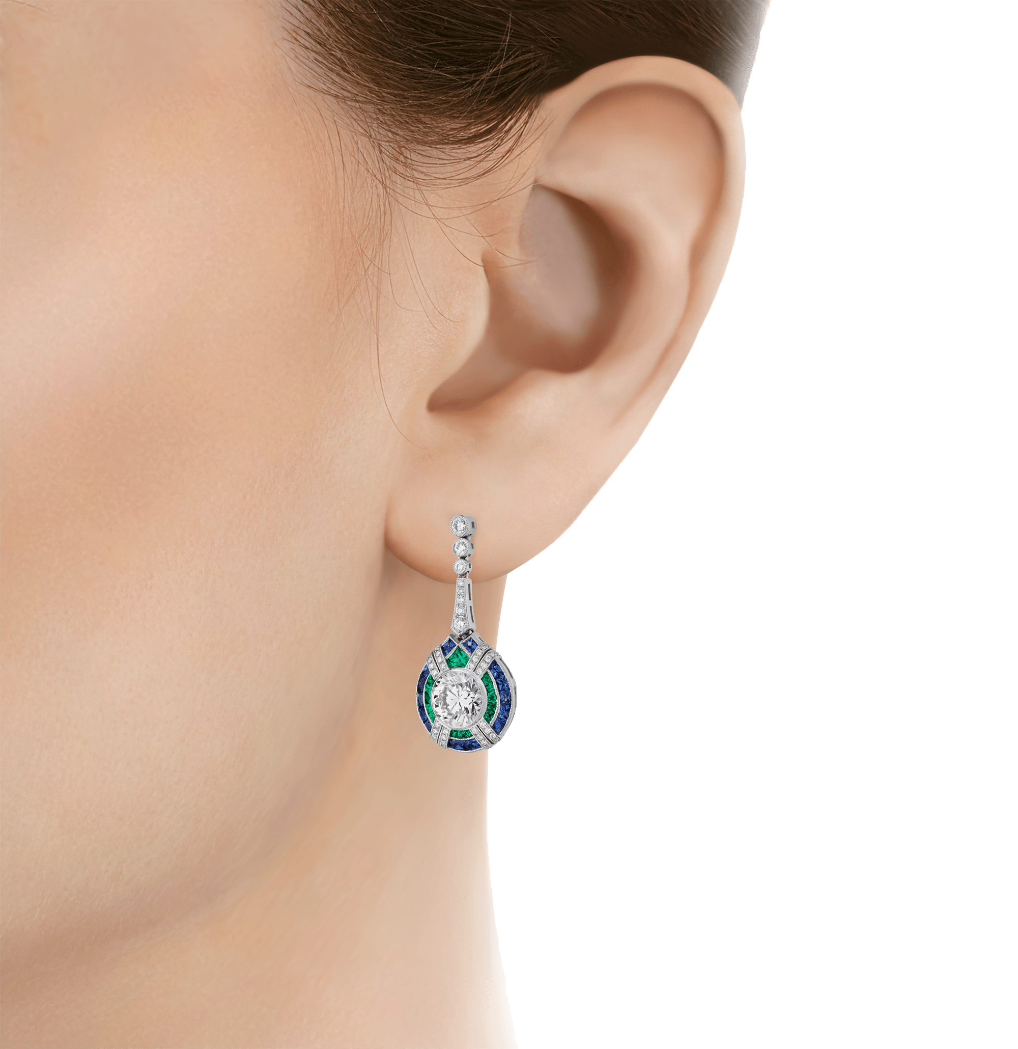 Art Deco-Style Diamond, Sapphire and Emerald Earrings