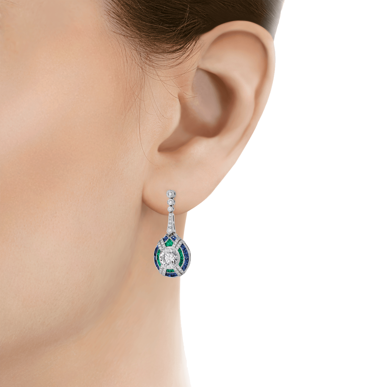 Art Deco-Style Diamond, Sapphire and Emerald Earrings