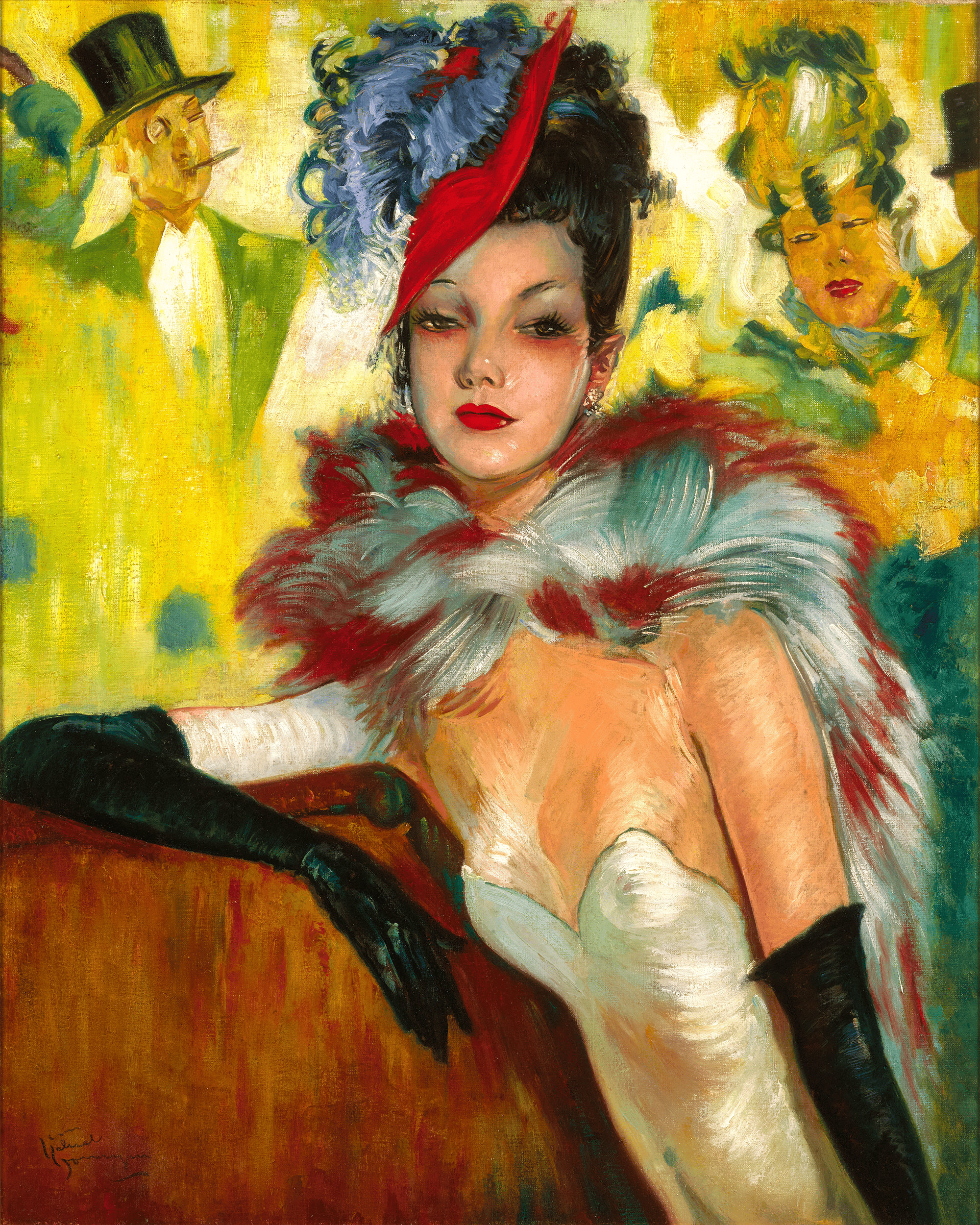 Elegant Lady with Feather Boa by Jean-Gabriel Domergue