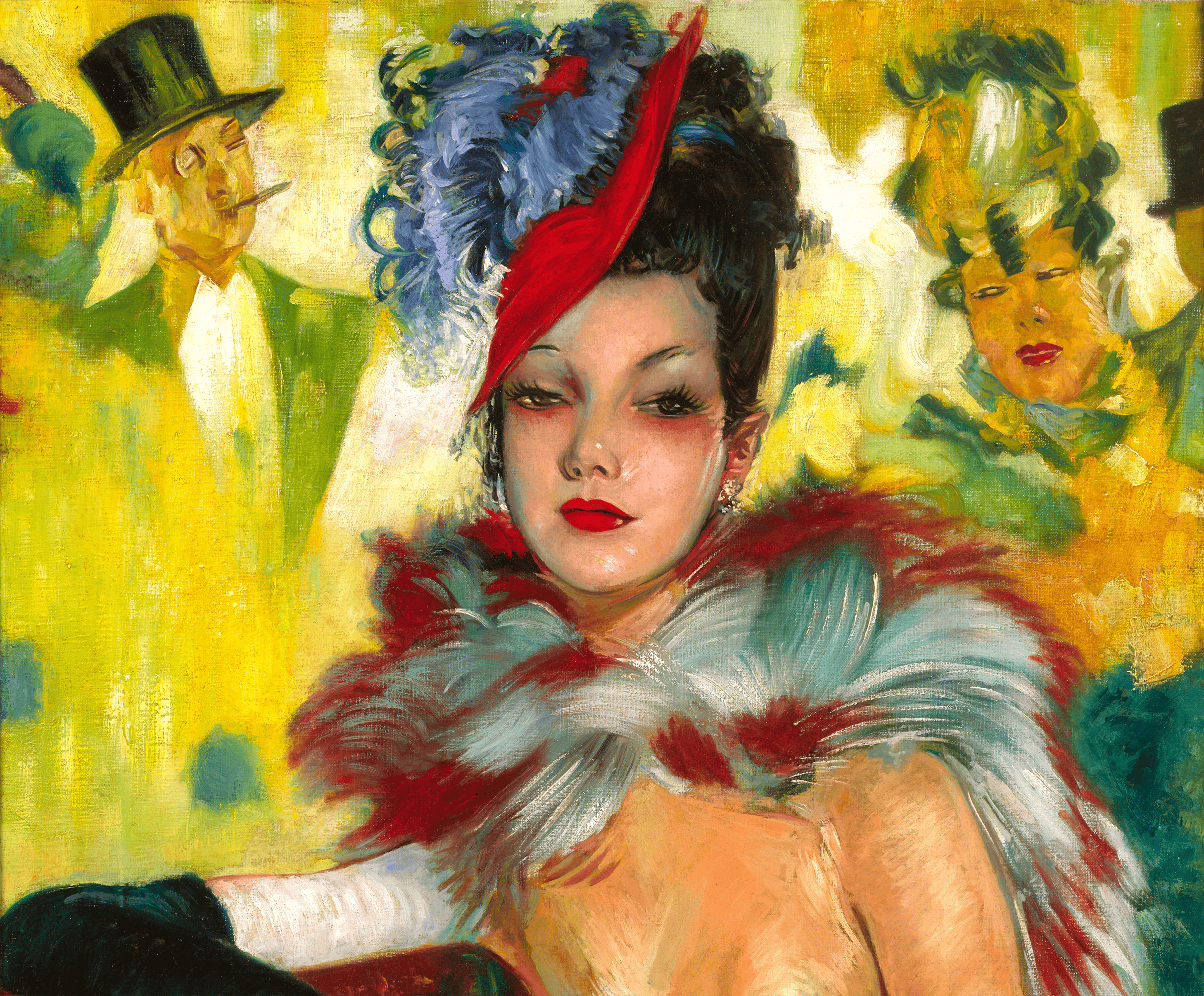 Elegant Lady with Feather Boa by Jean-Gabriel Domergue