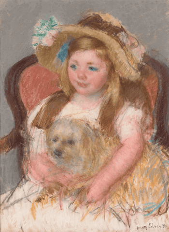 Smiling Sara in a Big Hat Holding Her Dog by Mary Cassatt