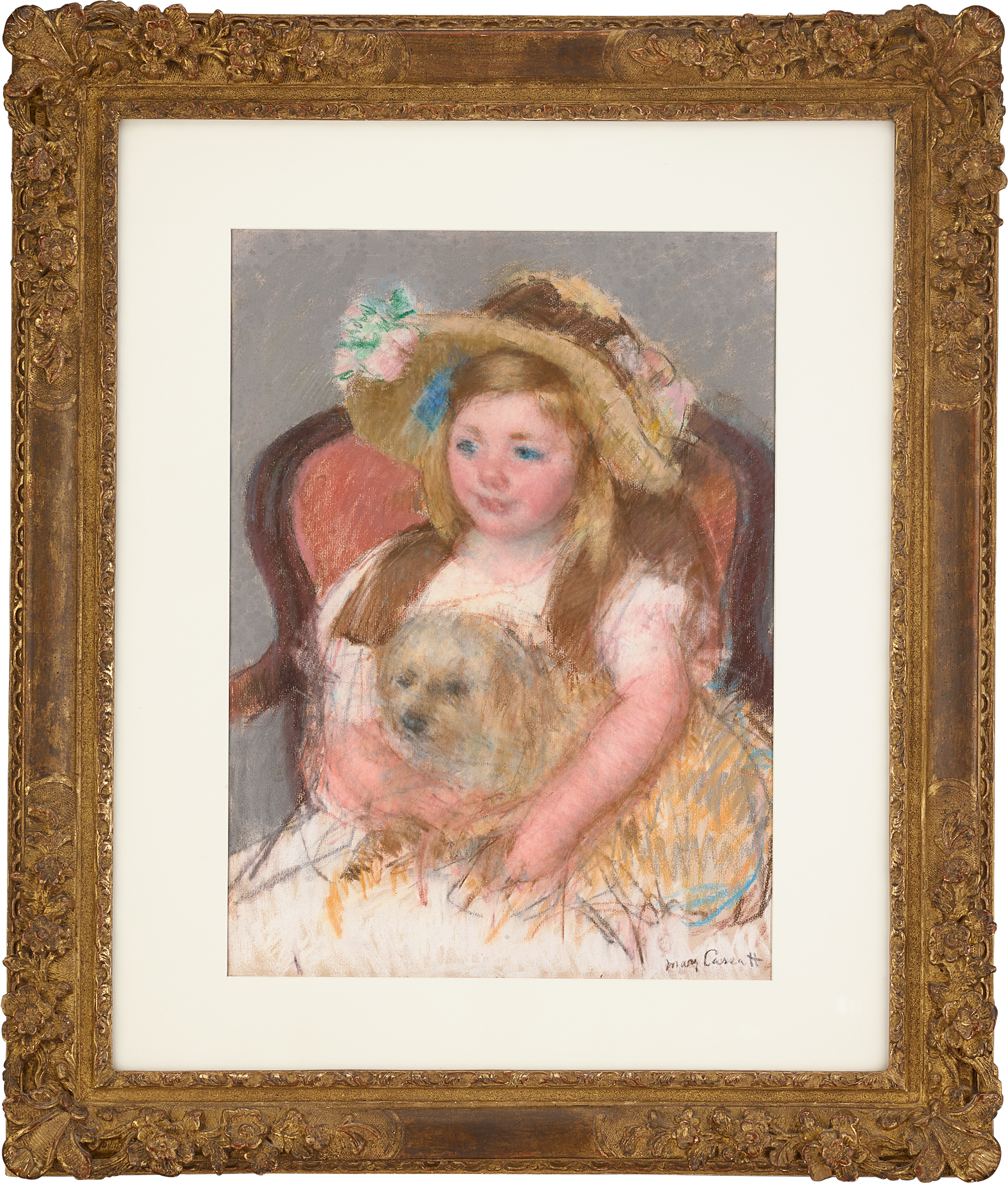 Smiling Sara in a Big Hat Holding Her Dog by Mary Cassatt
