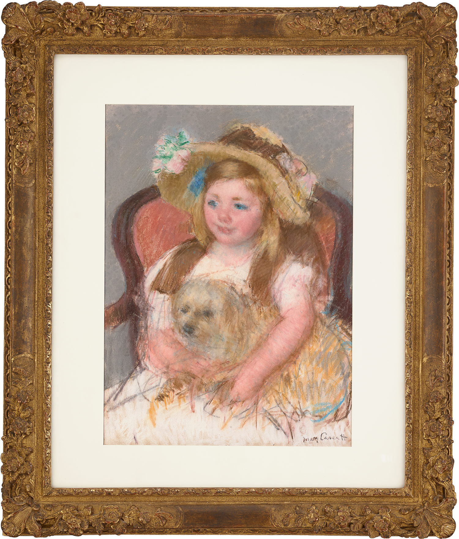 Smiling Sara in a Big Hat Holding Her Dog by Mary Cassatt