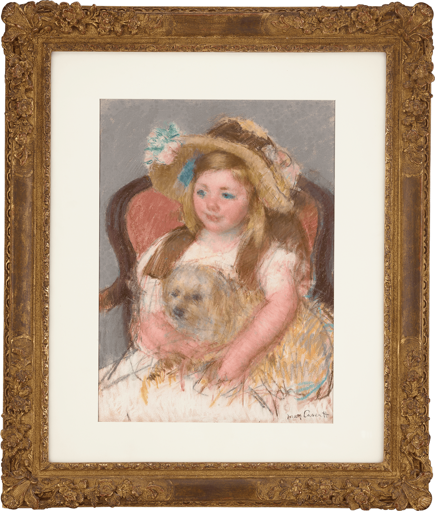 Smiling Sara in a Big Hat Holding Her Dog by Mary Cassatt