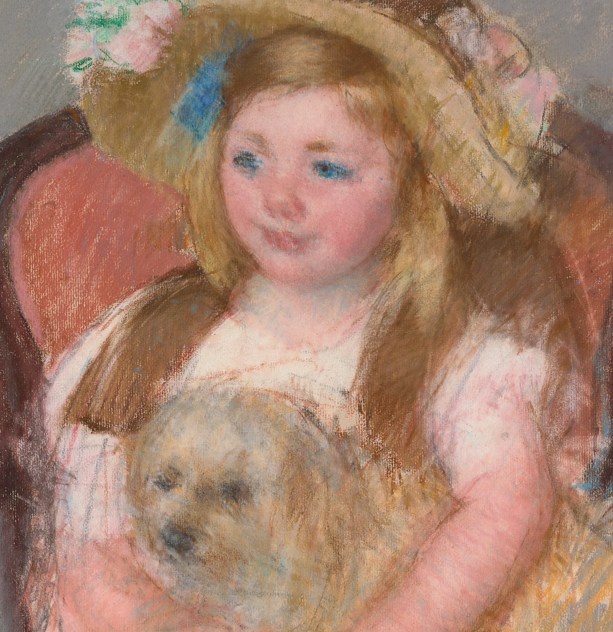 Smiling Sara in a Big Hat Holding Her Dog by Mary Cassatt