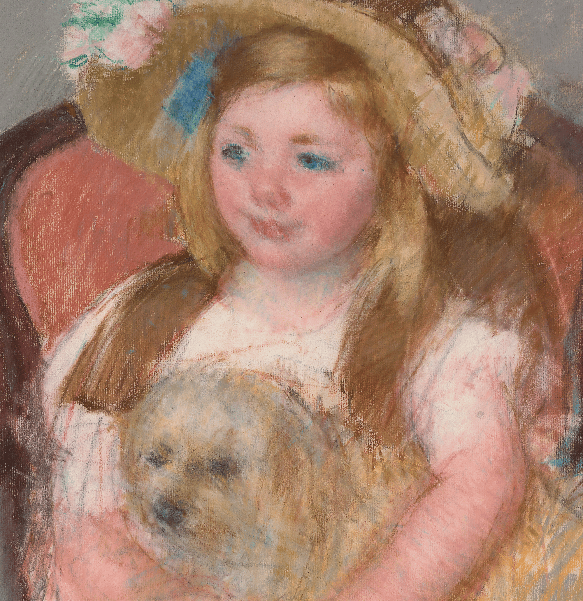 Smiling Sara in a Big Hat Holding Her Dog by Mary Cassatt