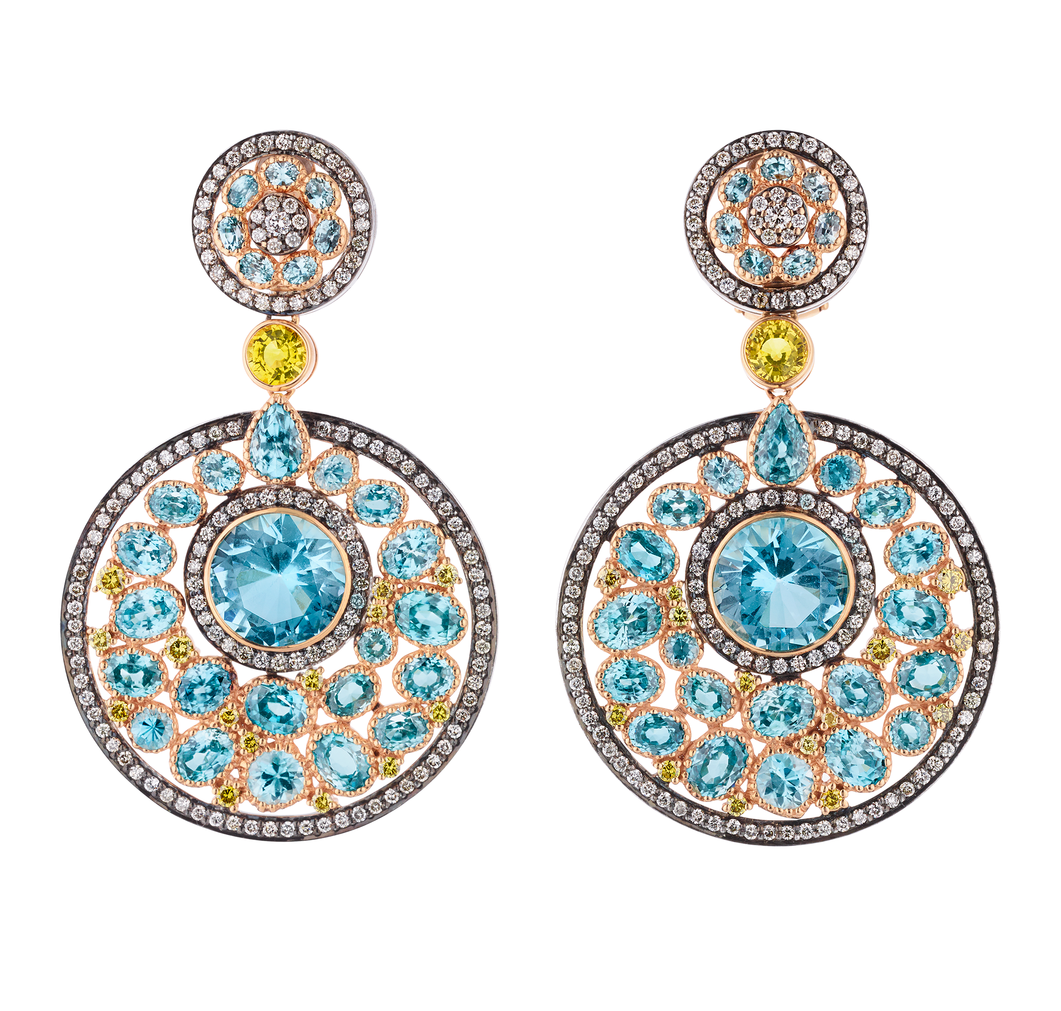 Blue Topaz and Blue Zircon Earrings, 35.75 Carats