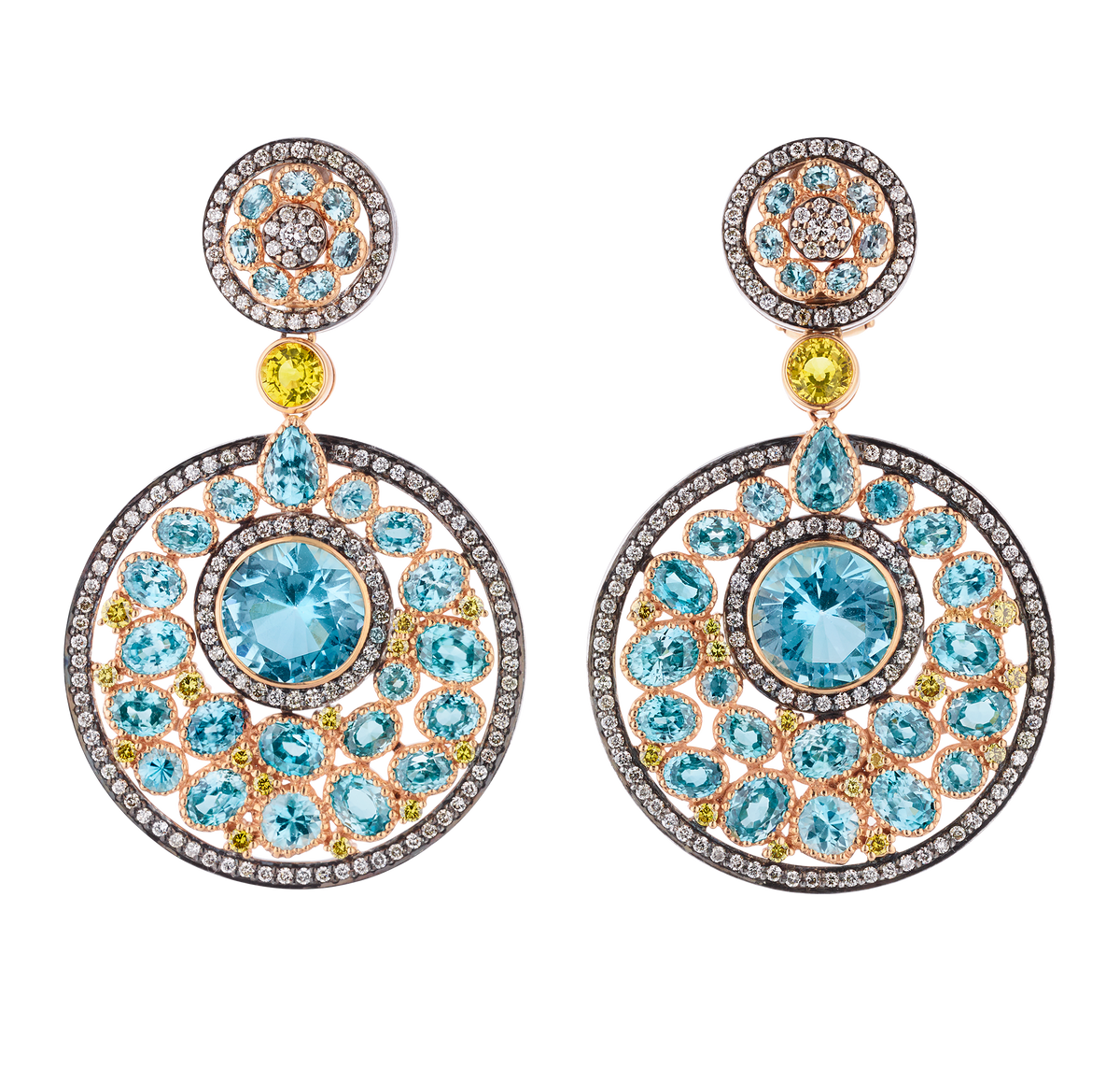 Blue Topaz and Blue Zircon Earrings, 35.75 Carats