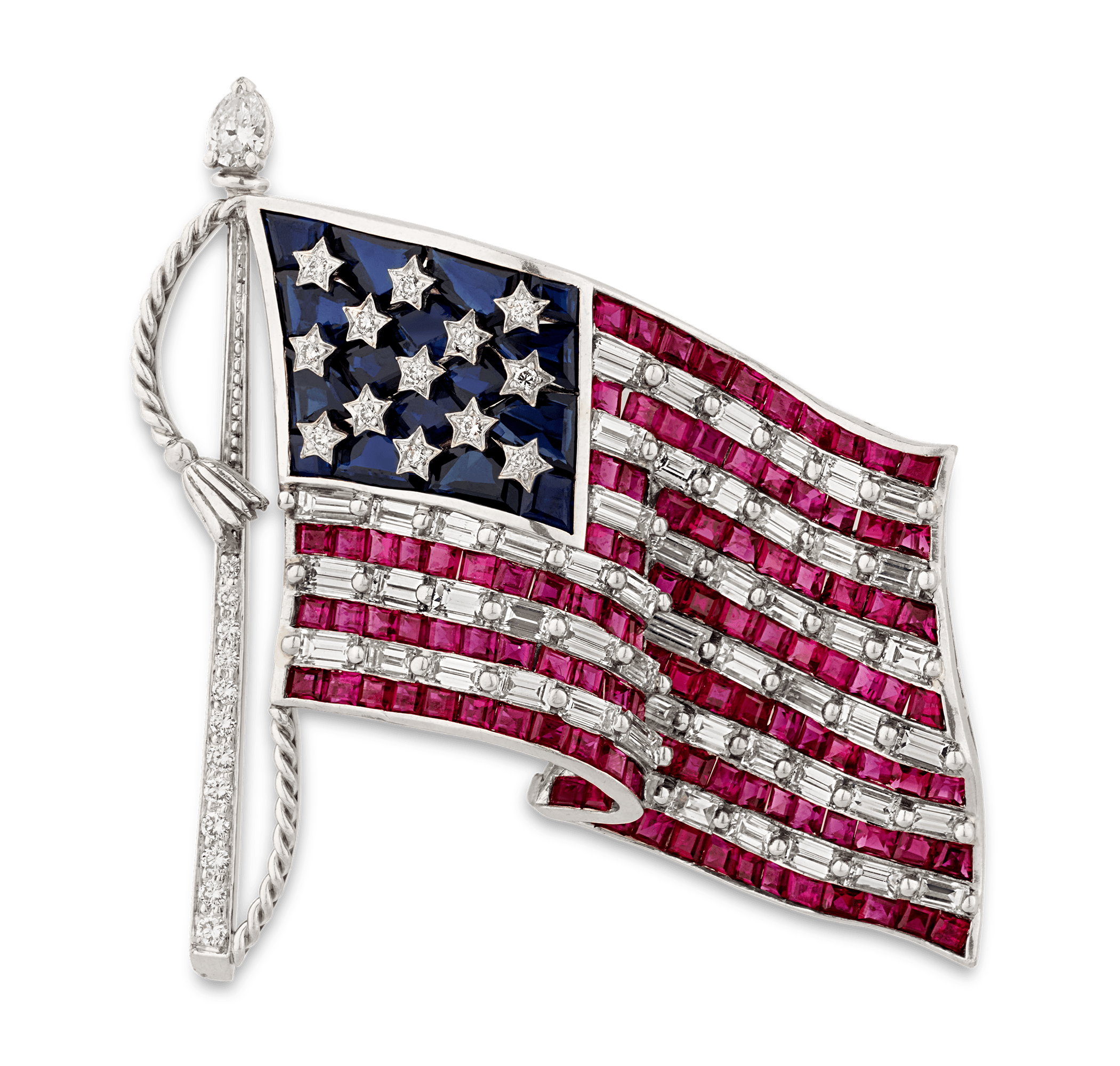 Oscar Heyman Ruby, Diamond and Sapphire American Flag Brooch