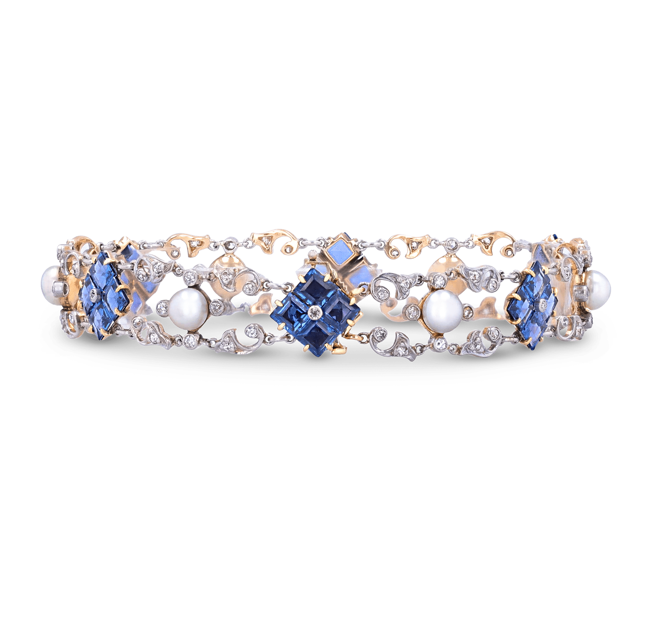 Edwardian Yogo Montana Sapphire and Pearl Bracelet