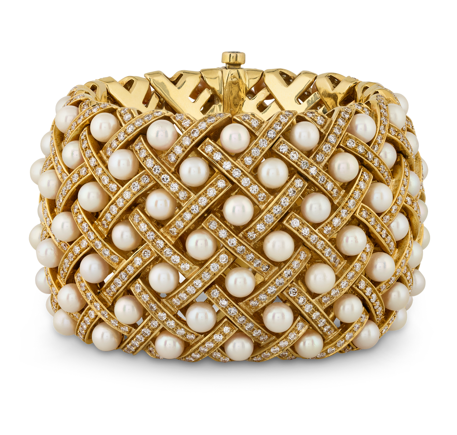 Matelassée-Style Pearl & Diamond Cuff Bracelet