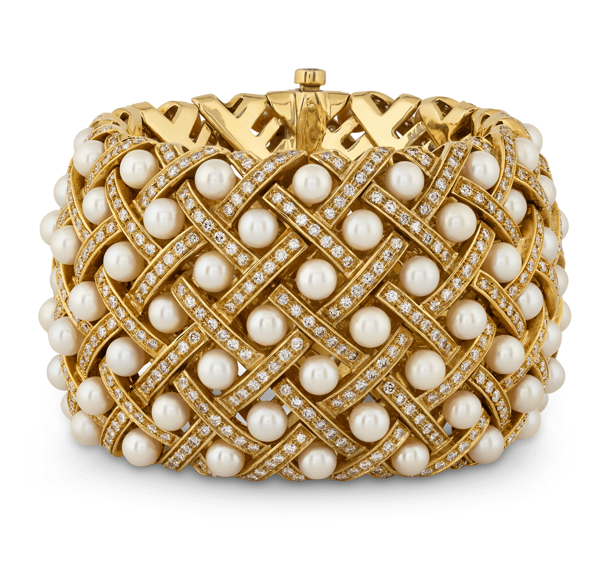 Matelassée-Style Pearl & Diamond Cuff Bracelet