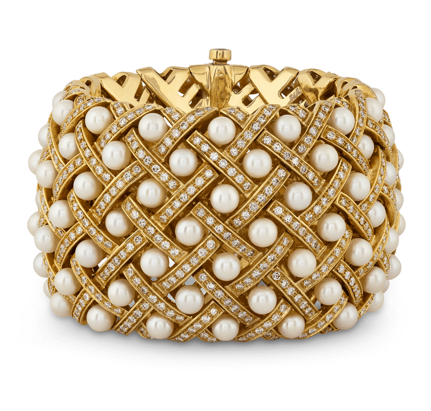 Matelassée-Style Pearl & Diamond Cuff Bracelet