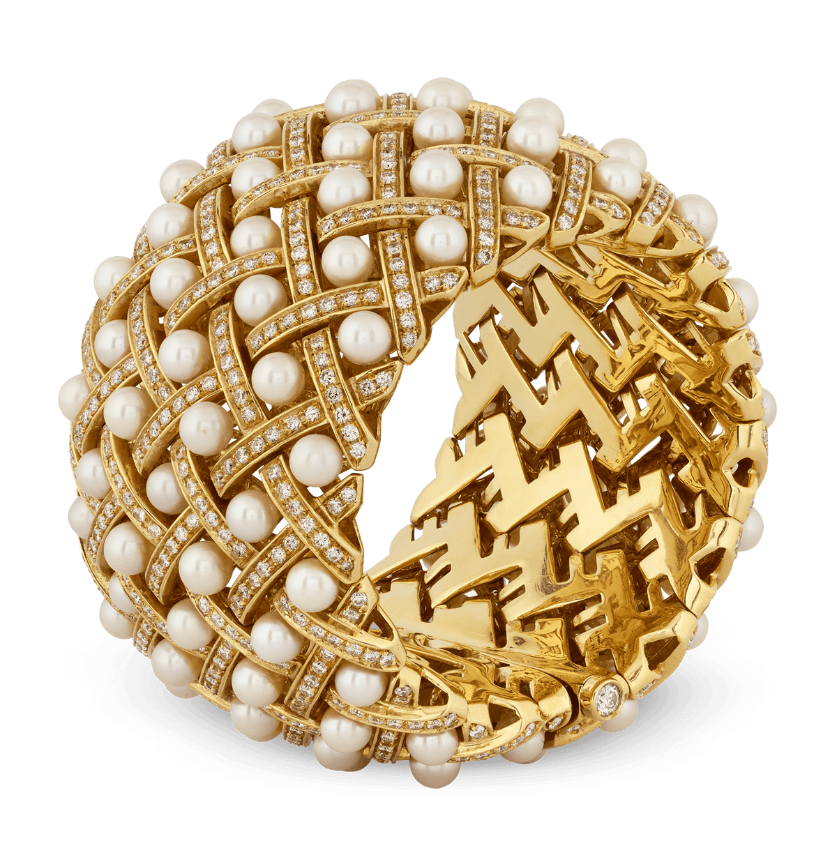 Matelassée-Style Pearl & Diamond Cuff Bracelet