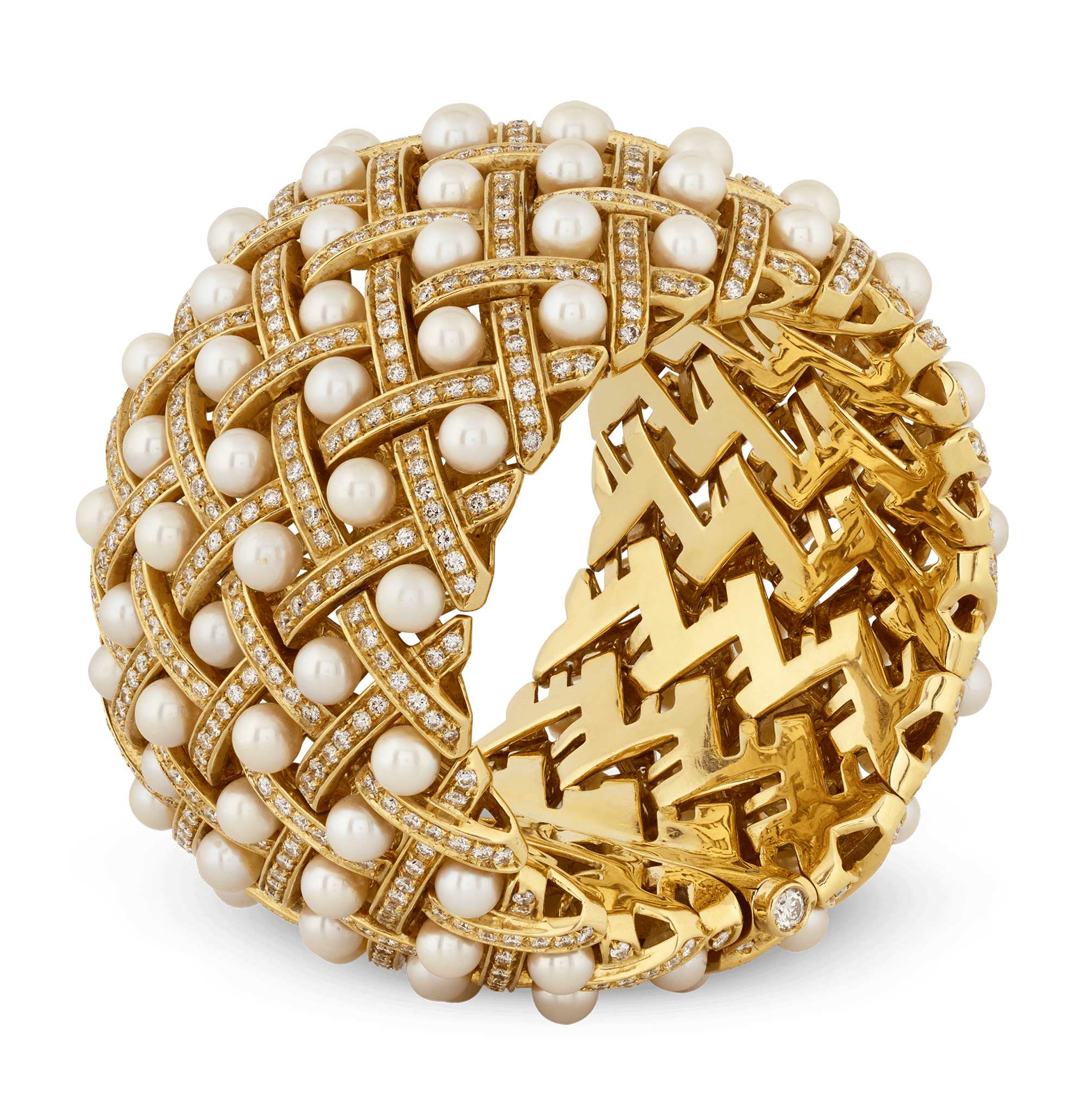 Matelassée-Style Pearl & Diamond Cuff Bracelet
