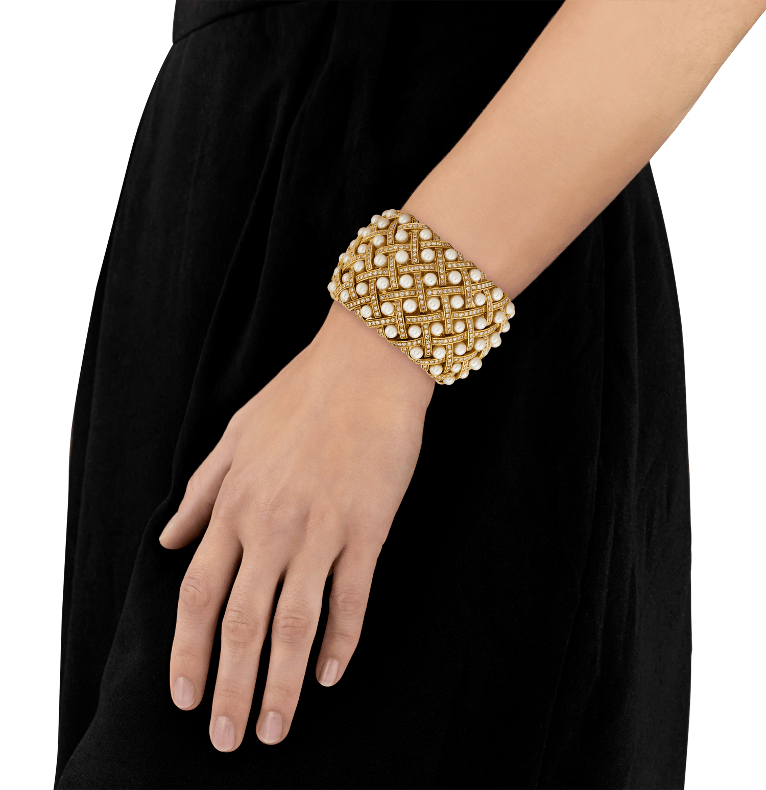 Matelassée-Style Pearl & Diamond Cuff Bracelet