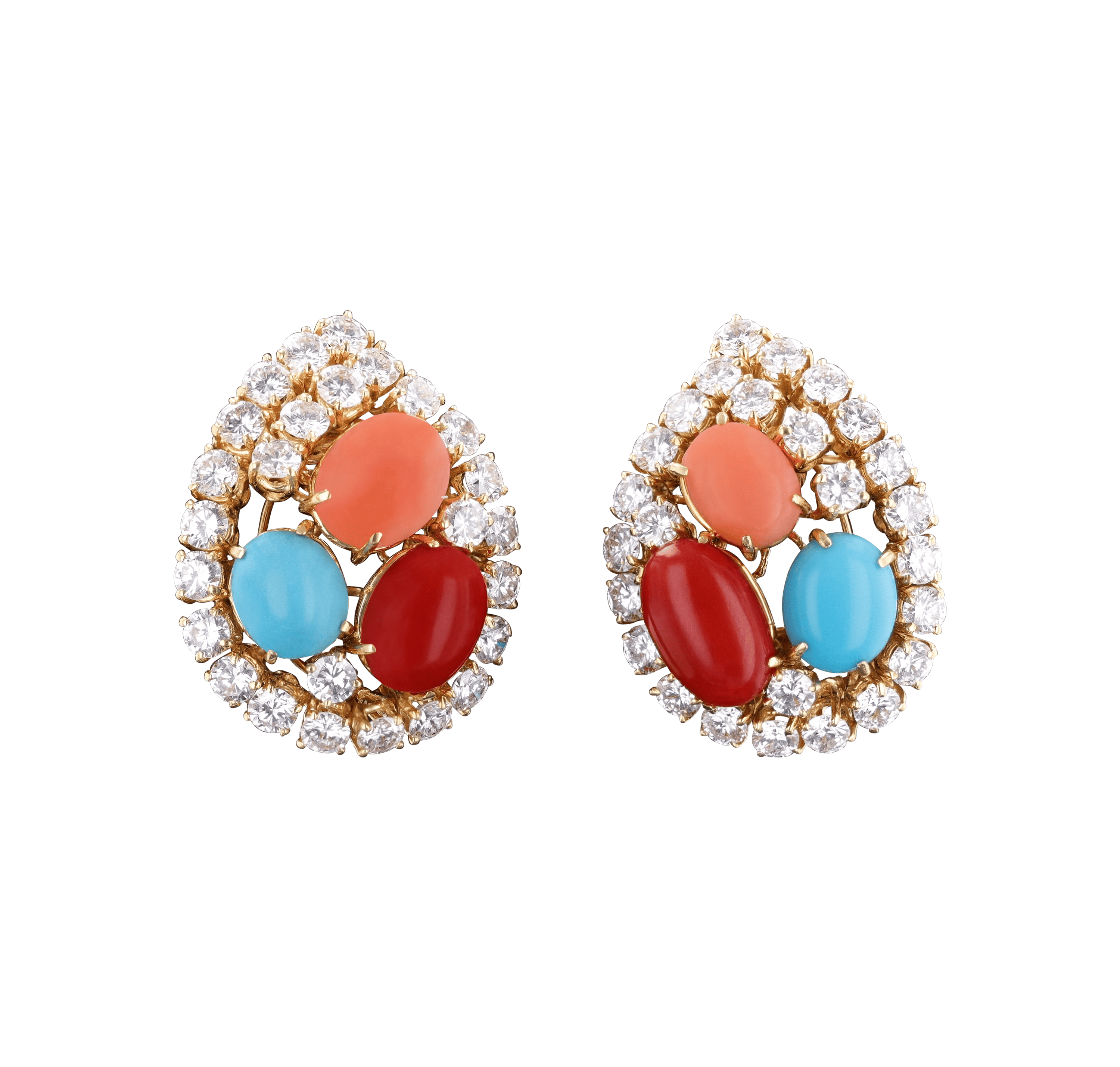 Coral, Turquoise and Diamond Earrings