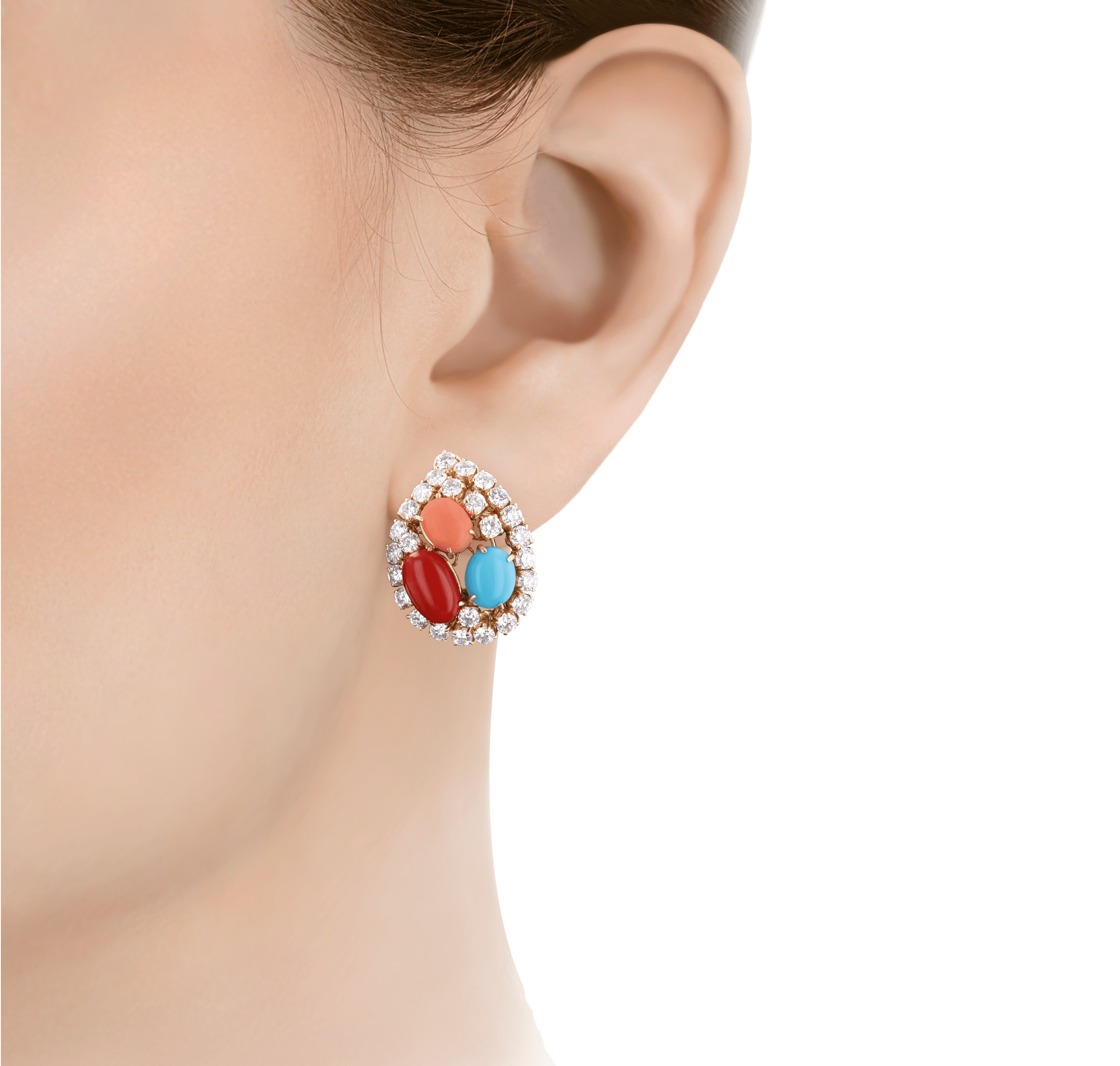 Coral, Turquoise and Diamond Earrings