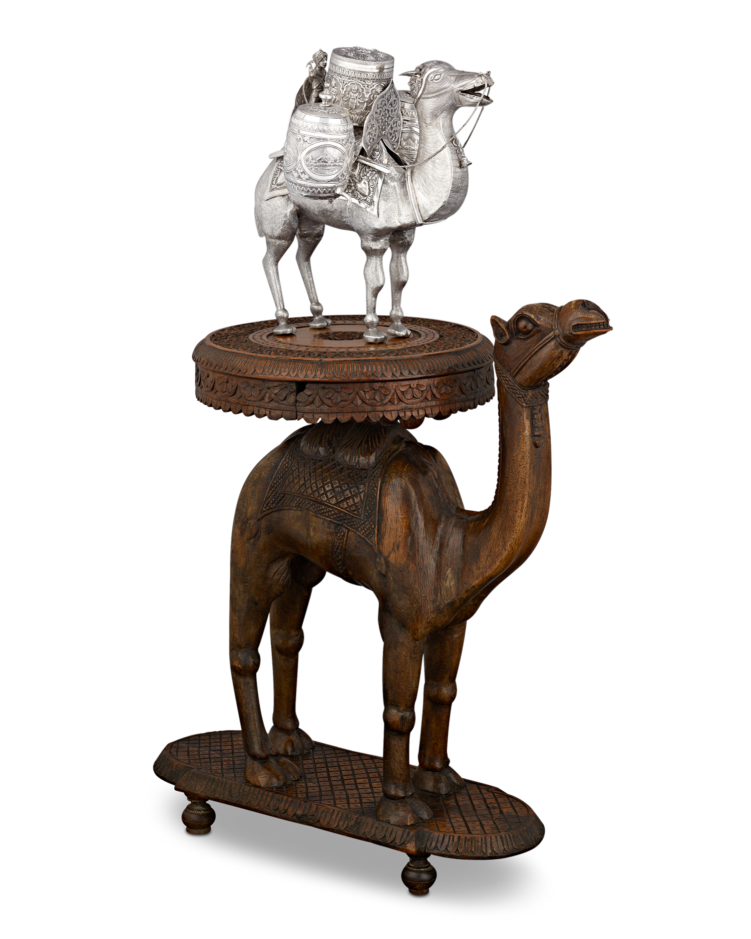 Silver Camel Tea Caddy and Carved Table