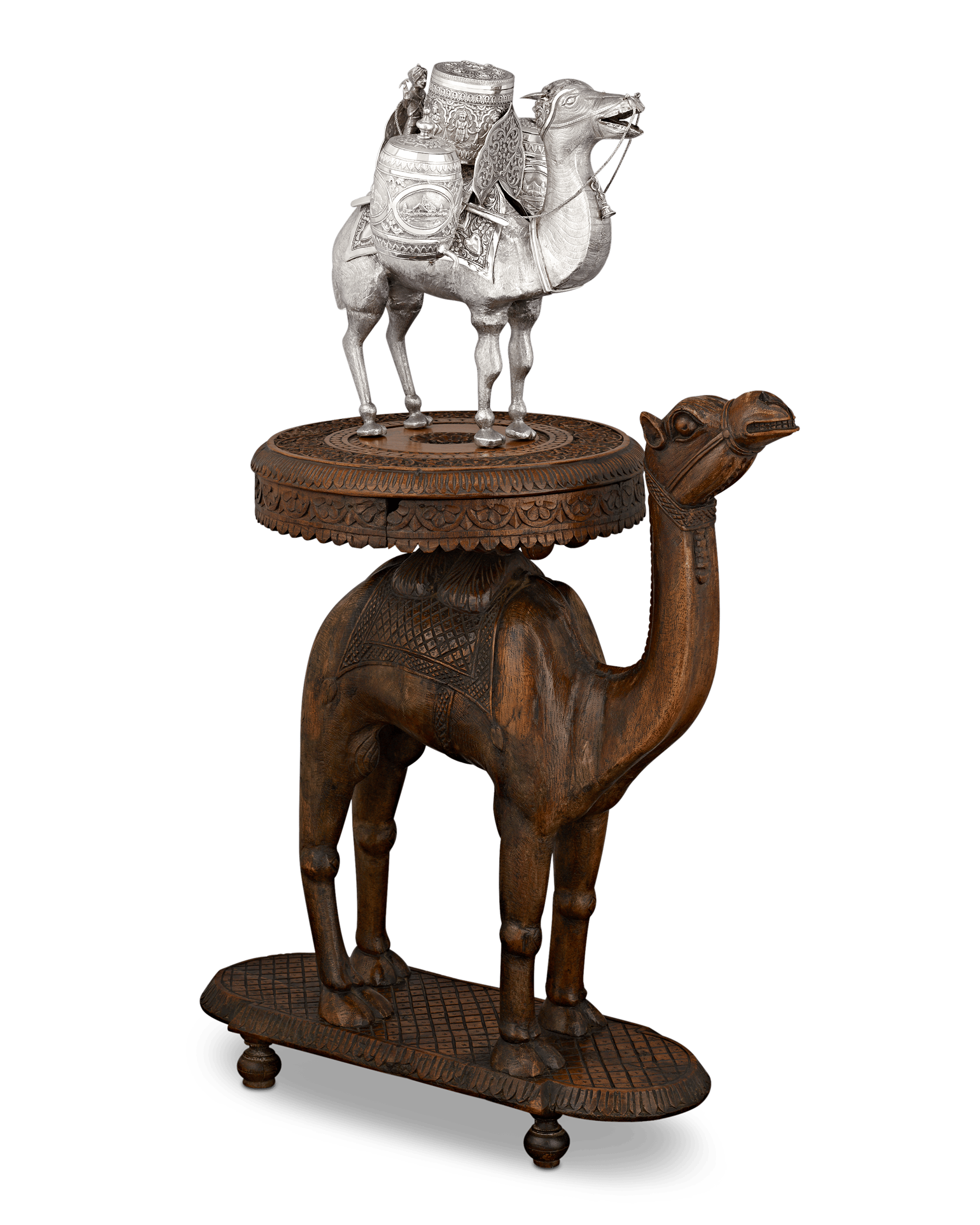 Silver Camel Tea Caddy and Carved Table