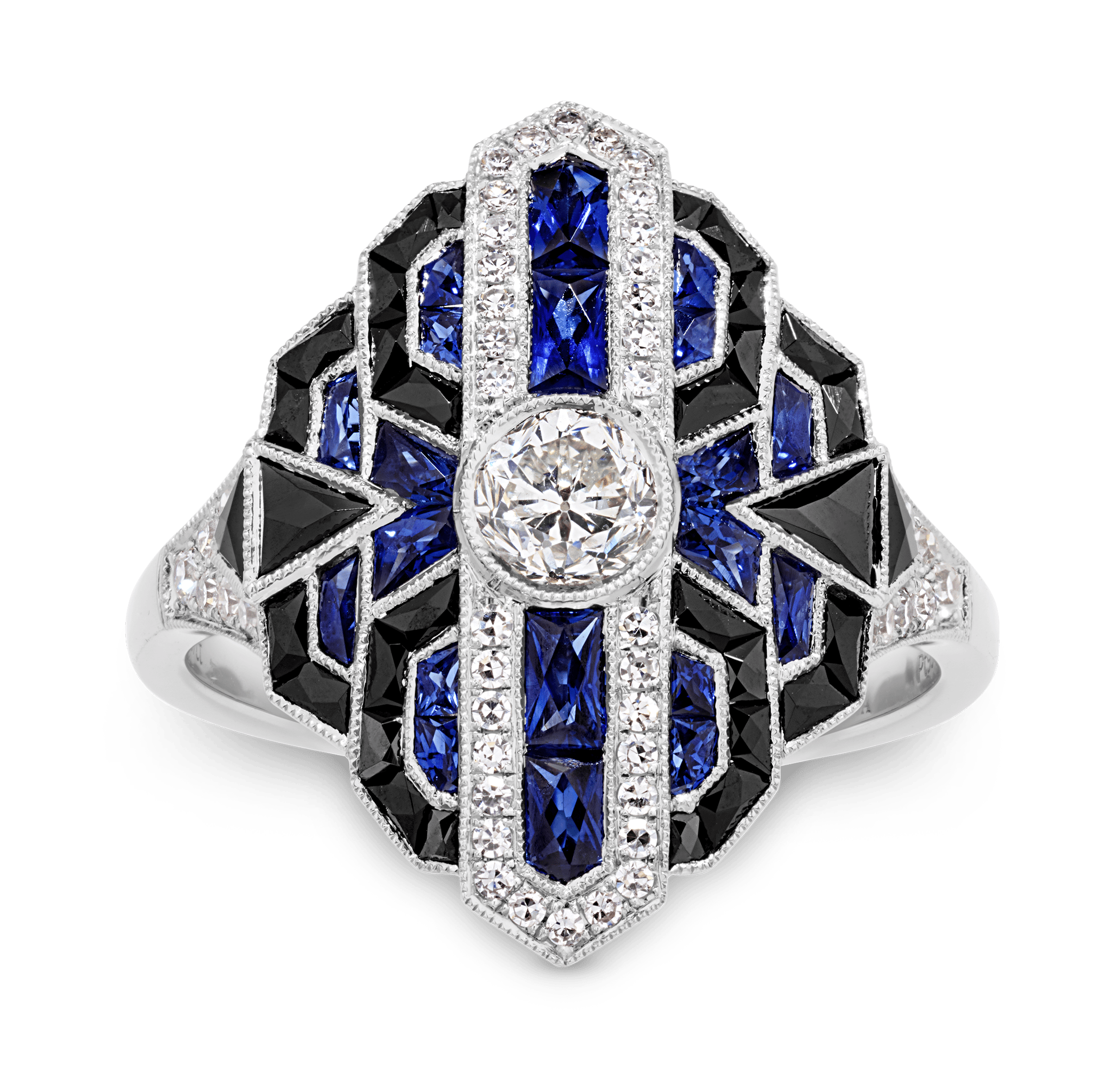 Art Deco-Style Diamond, Sapphire and Onyx Ring