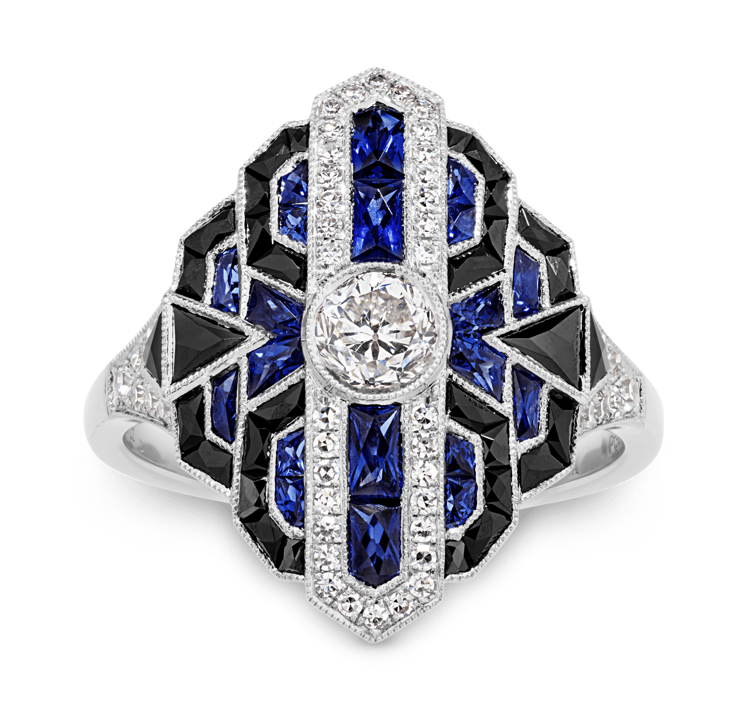 Art Deco-Style Diamond, Sapphire and Onyx Ring