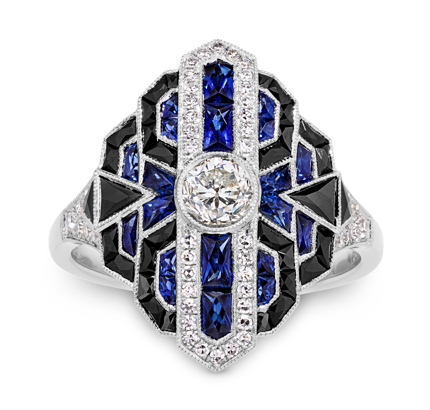 Art Deco-Style Diamond, Sapphire and Onyx Ring