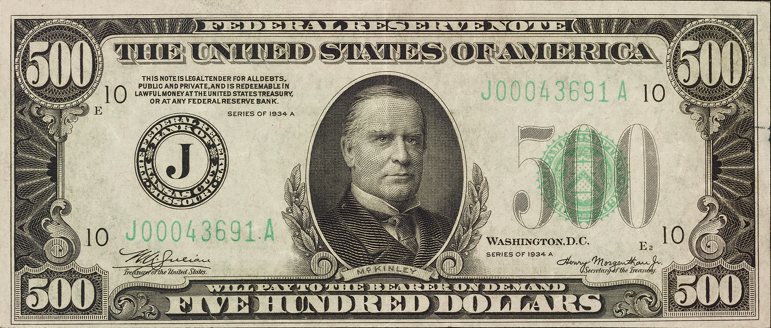 1934A $500 Federal Reserve Note, Kansas City PMG 35