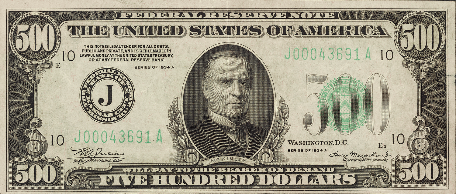 1934A $500 Federal Reserve Note, Kansas City PMG 35