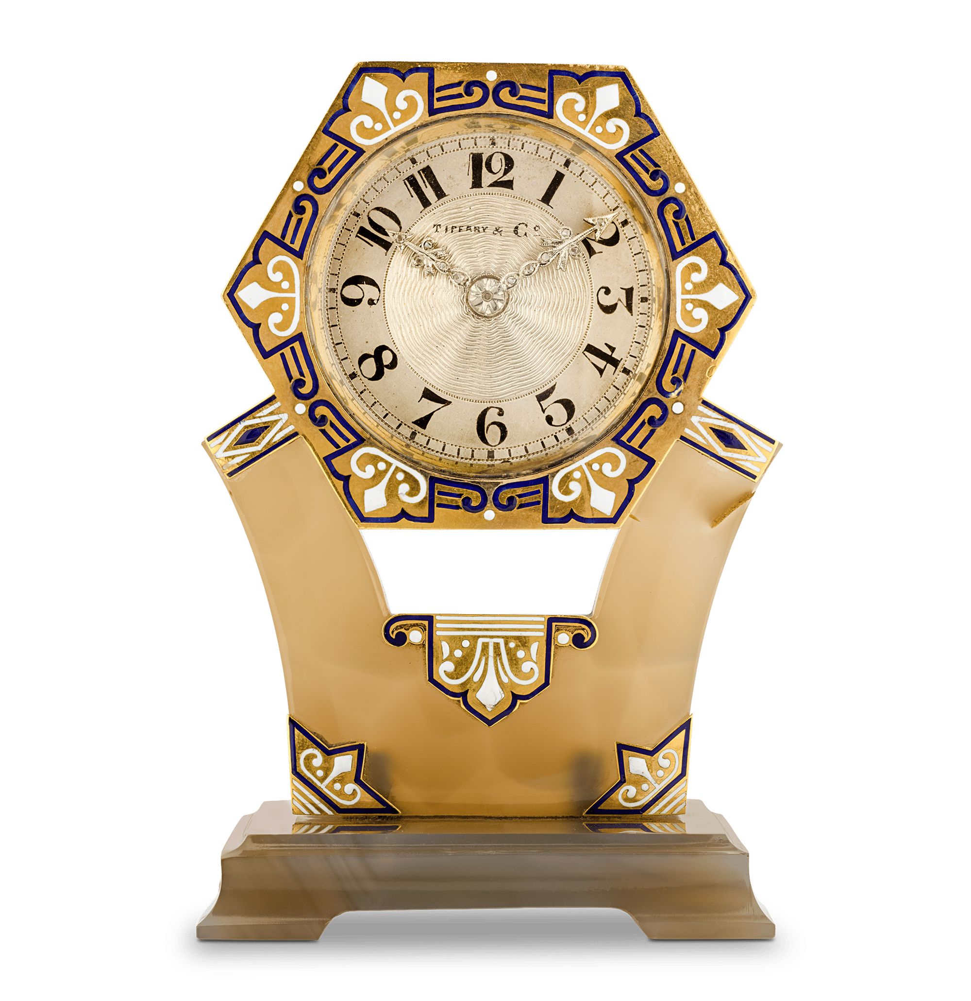 Tiffany & Co. Art Deco Carved Agate, Enamel and Diamond Clock