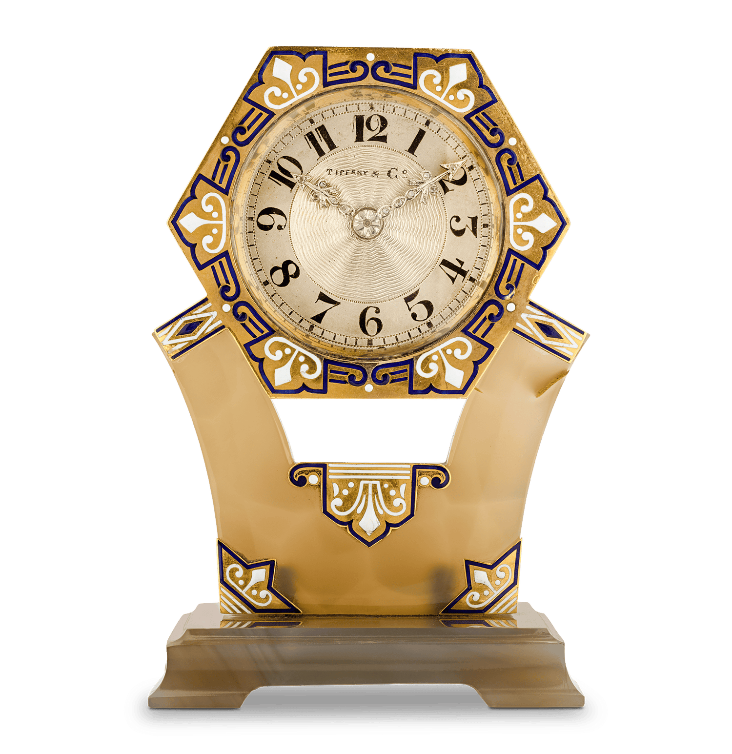 Tiffany & Co. Art Deco Carved Agate, Enamel and Diamond Clock