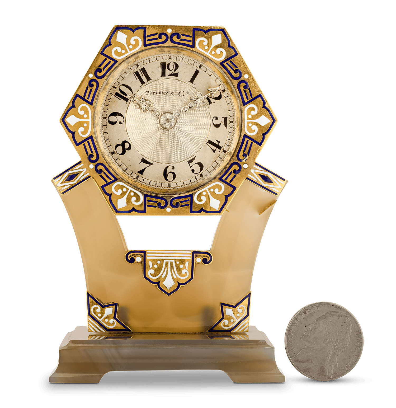 Tiffany & Co. Art Deco Carved Agate, Enamel and Diamond Clock