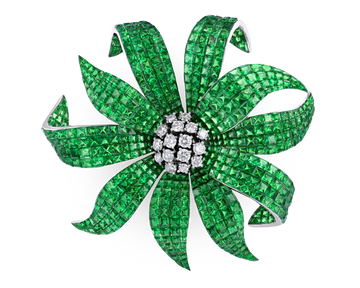 Tsavorite Garnet Invisible-Set Flower Brooch, 51.28 Carats