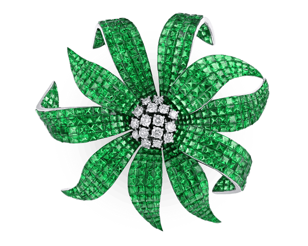 Tsavorite Garnet Invisible-Set Flower Brooch, 51.28 Carats