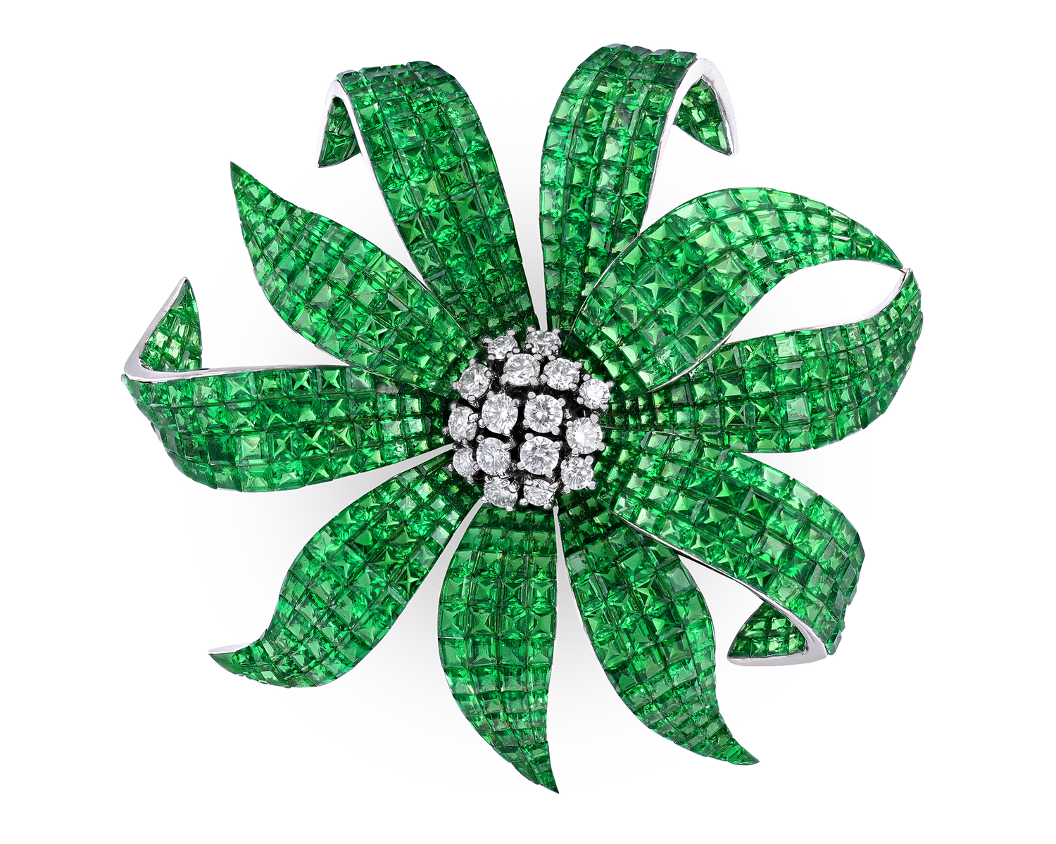 Tsavorite Garnet Invisible-Set Flower Brooch, 51.28 Carats