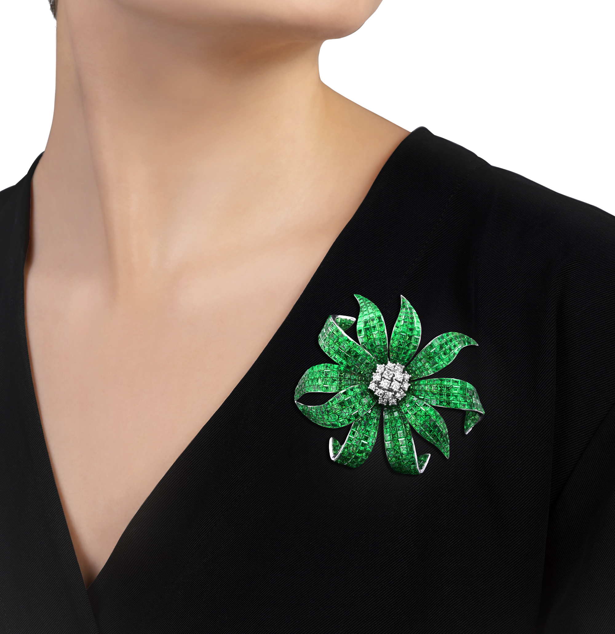 Tsavorite Garnet Invisible-Set Flower Brooch, 51.28 Carats