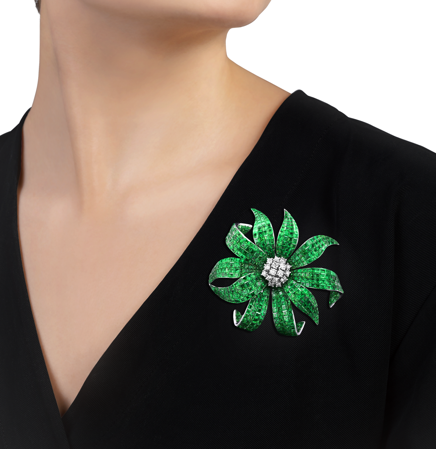 Tsavorite Garnet Invisible-Set Flower Brooch, 51.28 Carats